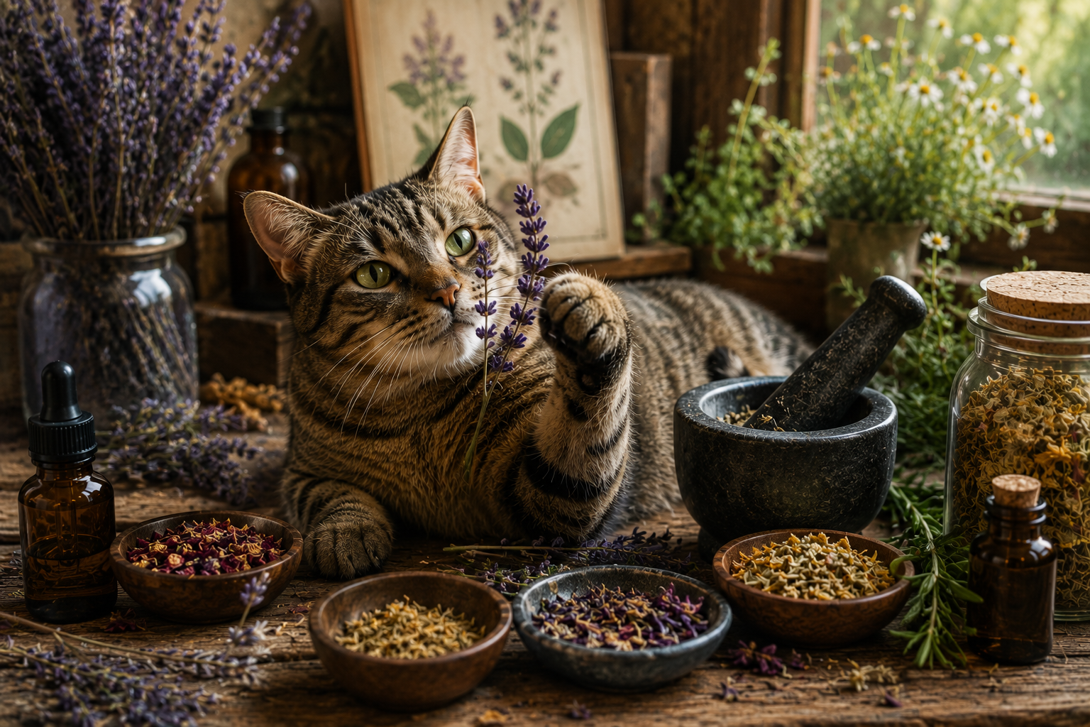 Cat beside dried herbs, mortar and tincture bottles