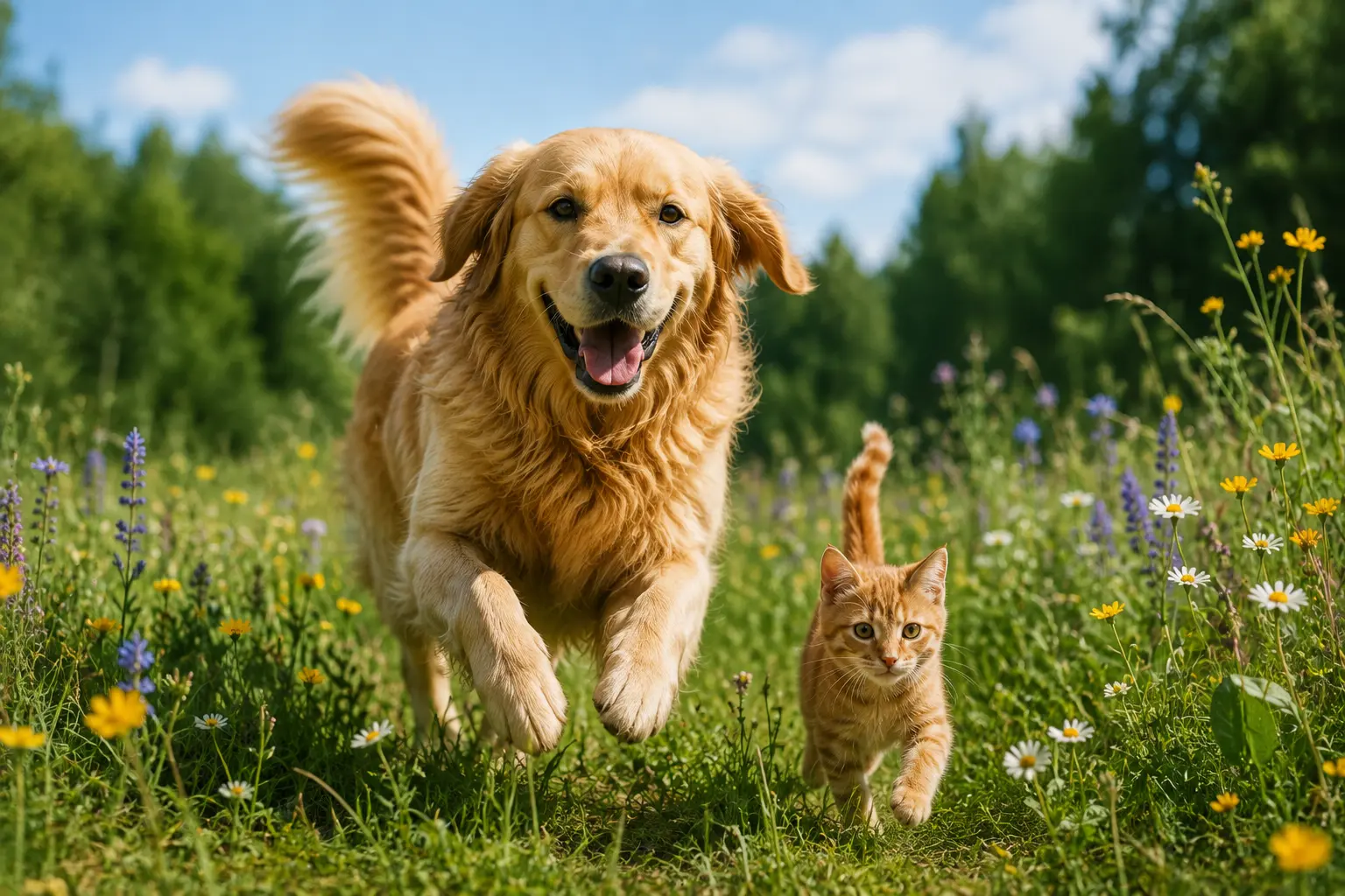 Dog and kitten running through a flowering meadow