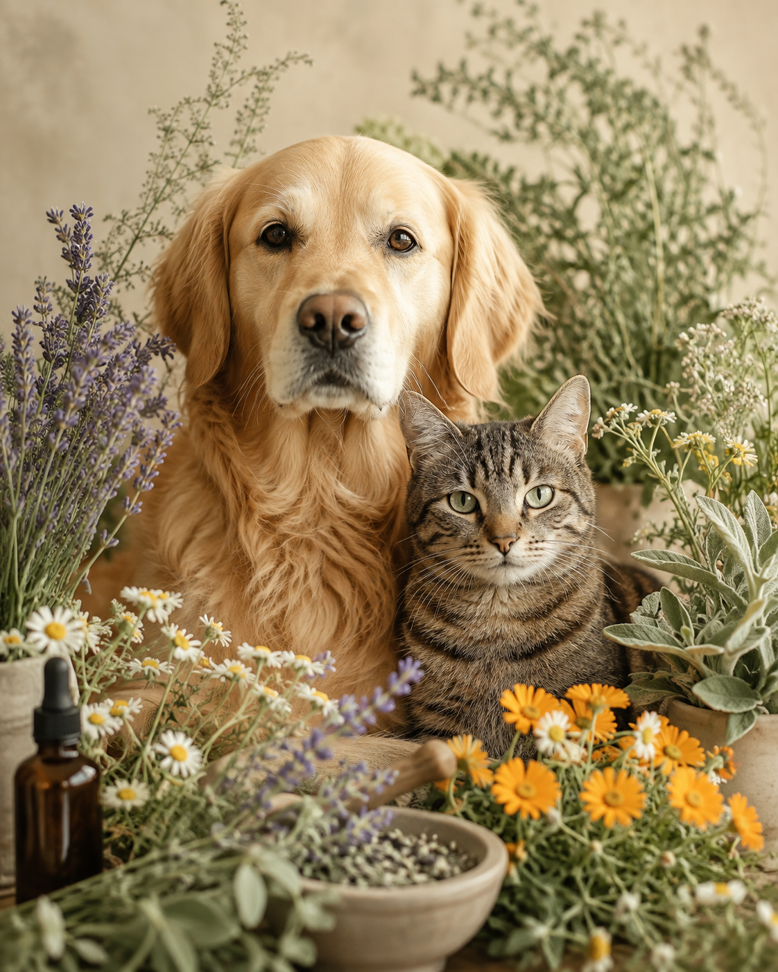 Dog and cat surrounded by medicinal herbs