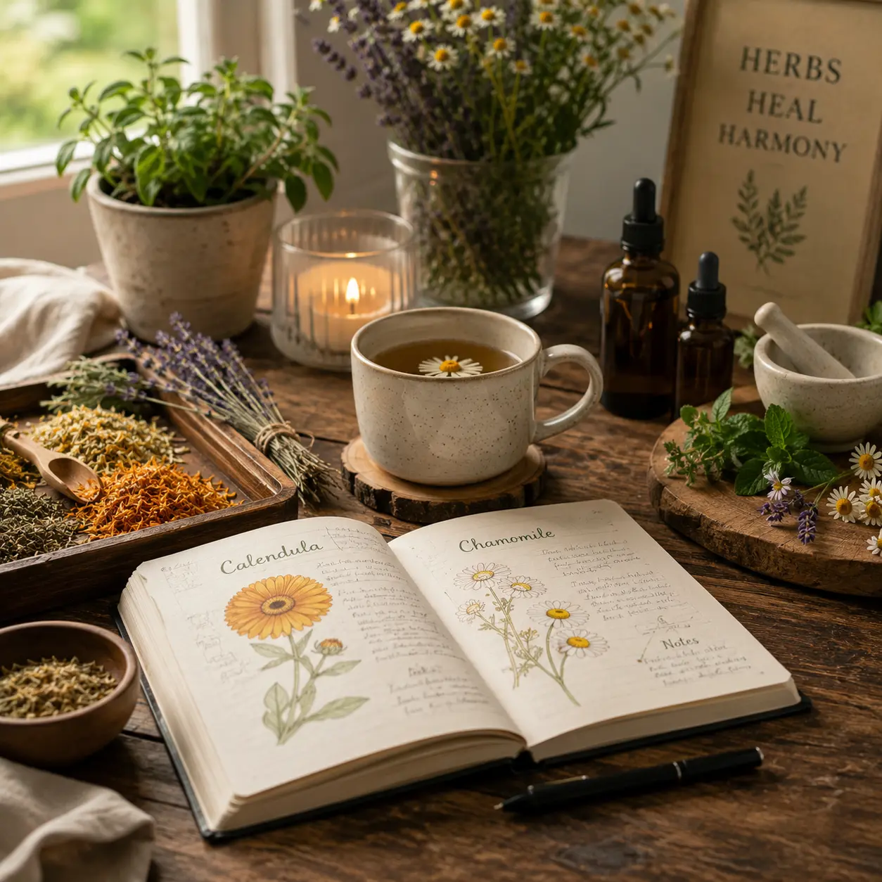 Herbal notebook with calendula and chamomile studies