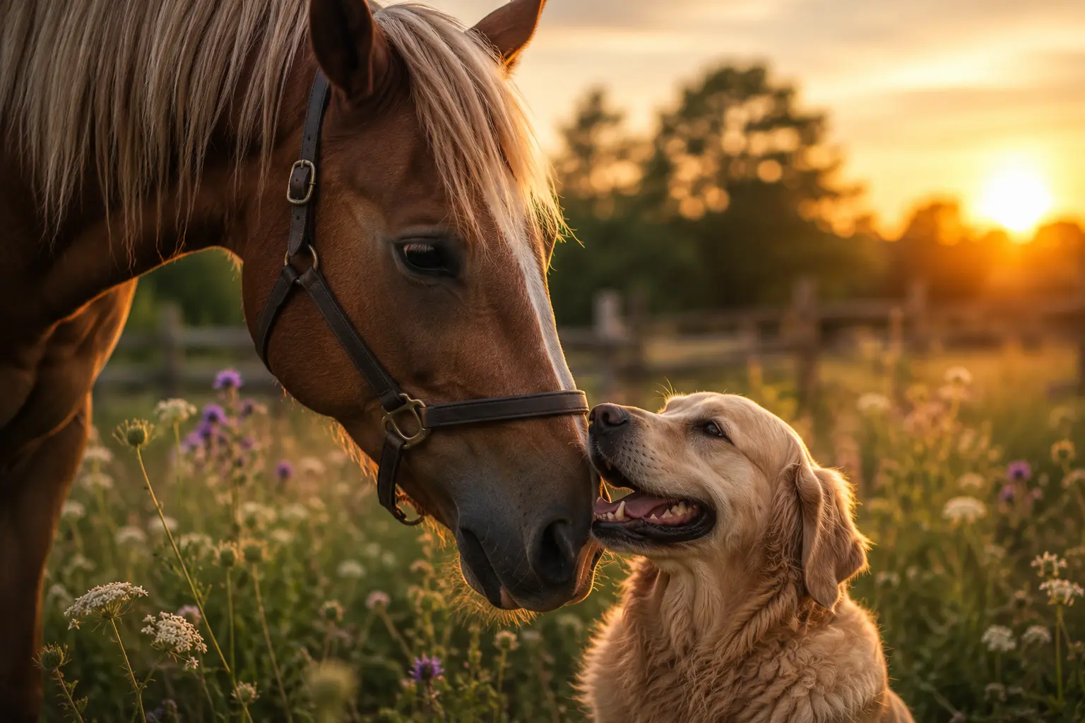 Horse and dog together in a meadow at sunset