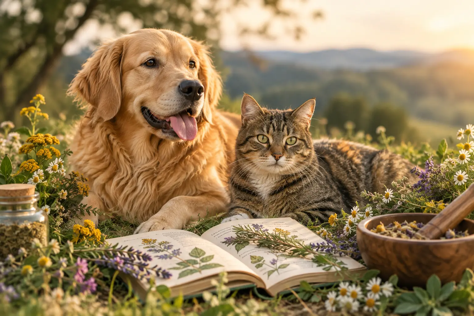 Dog and cat resting beside an open herbal book at sunset