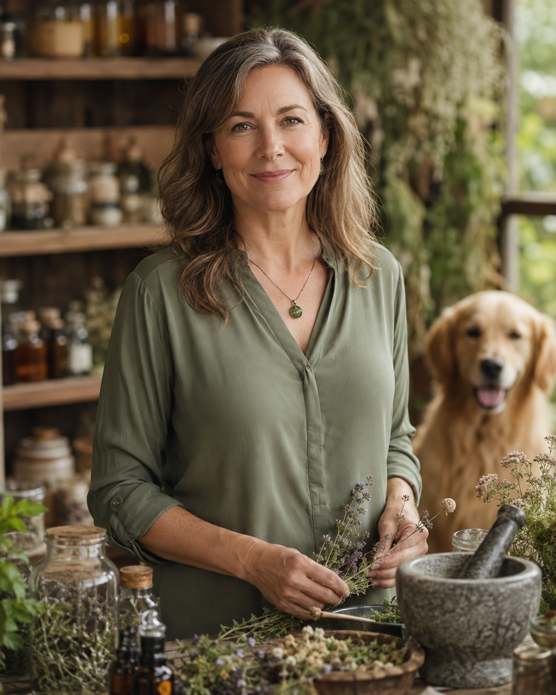 Dr. Amelia Hartwell preparing herbs beside a golden retriever