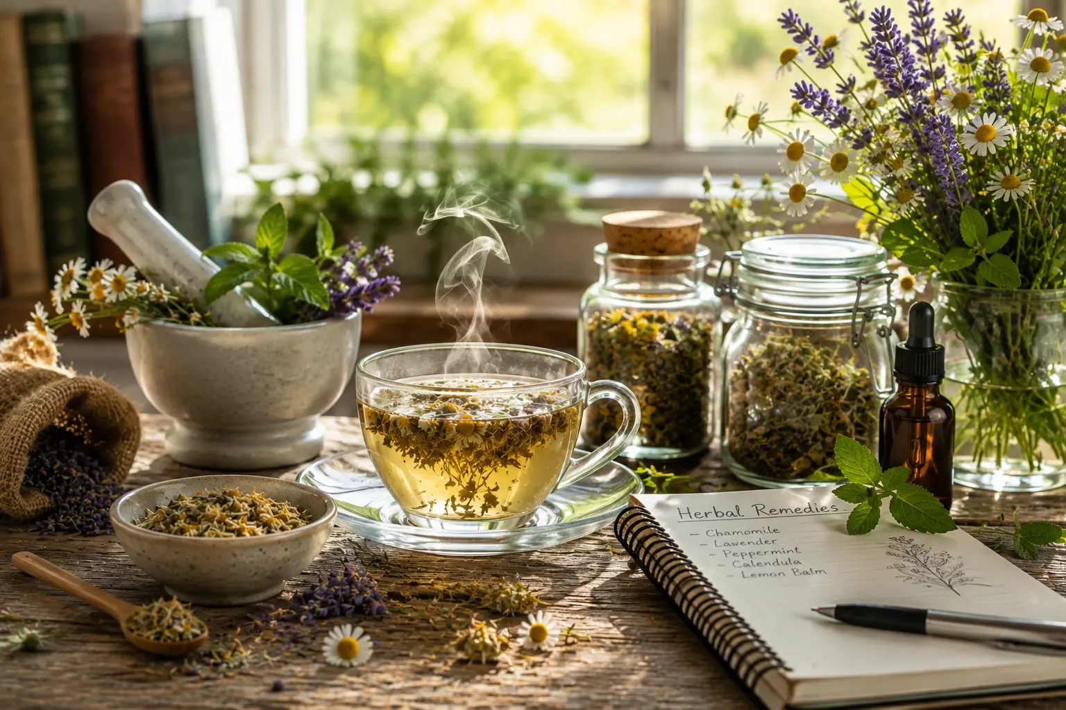 Herbal infusion, dried plants and remedy notes on a wooden table